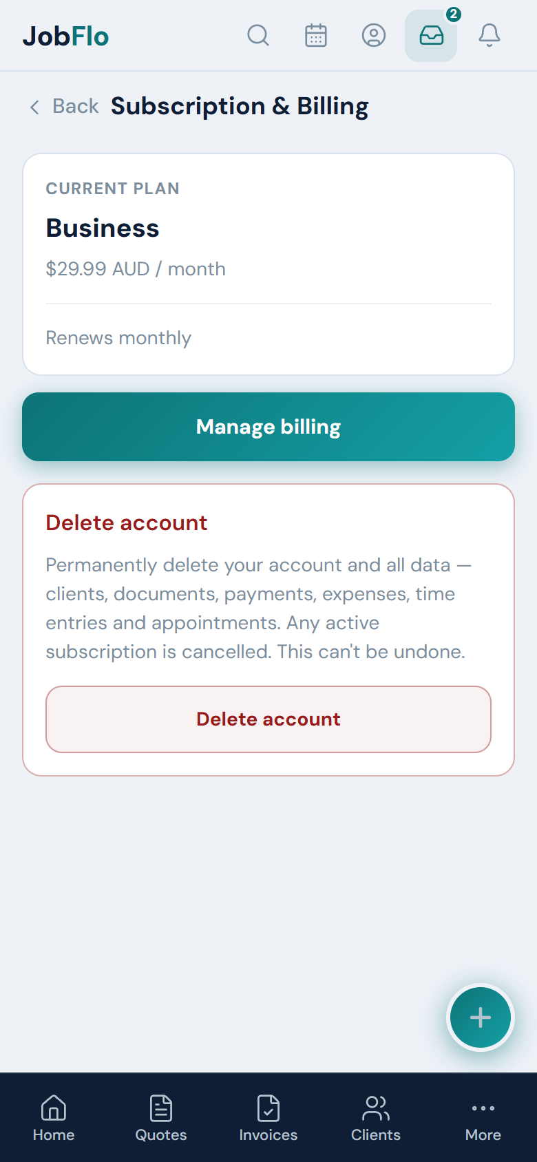 The Subscription & Billing screen showing the current plan and a Manage billing button