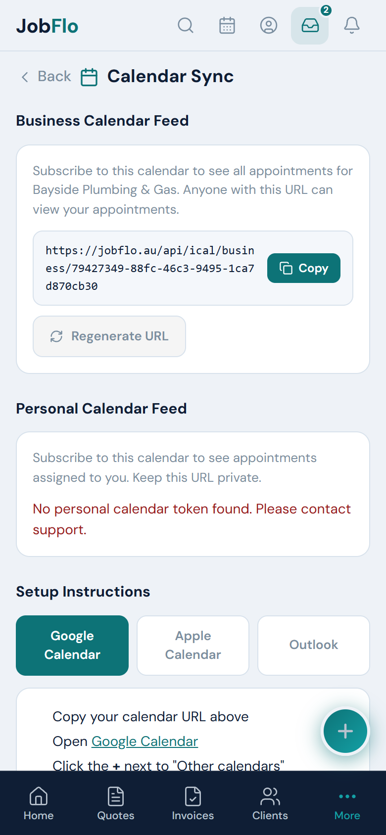 The Calendar Sync screen showing the feed URL with a Copy button and the Google, Apple and Outlook instruction tabs