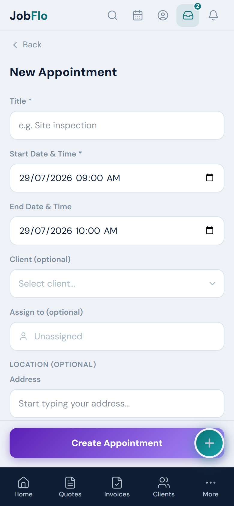 The New Appointment form with Title, Start and End date-time, Client and Location fields