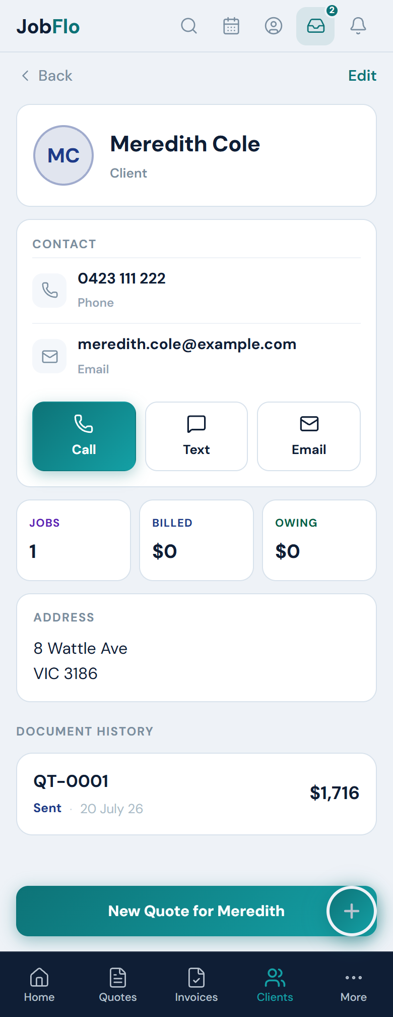 A client profile showing the Jobs, Billed and Owing cards above the Document History list
