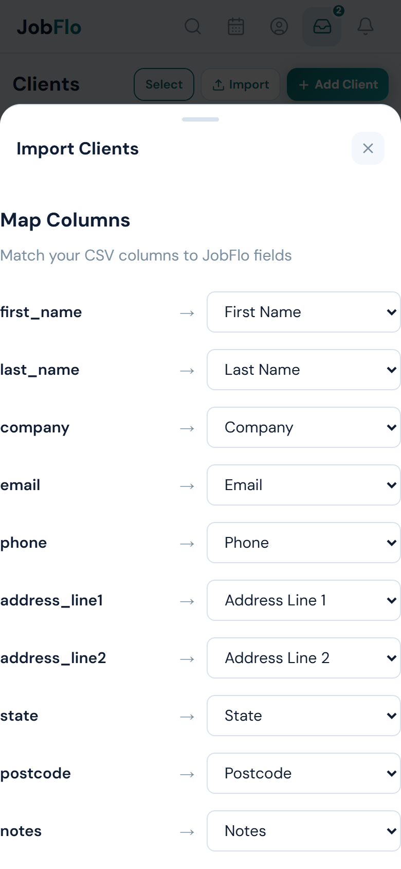 The Map Columns step matching spreadsheet headings to JobFlo client fields