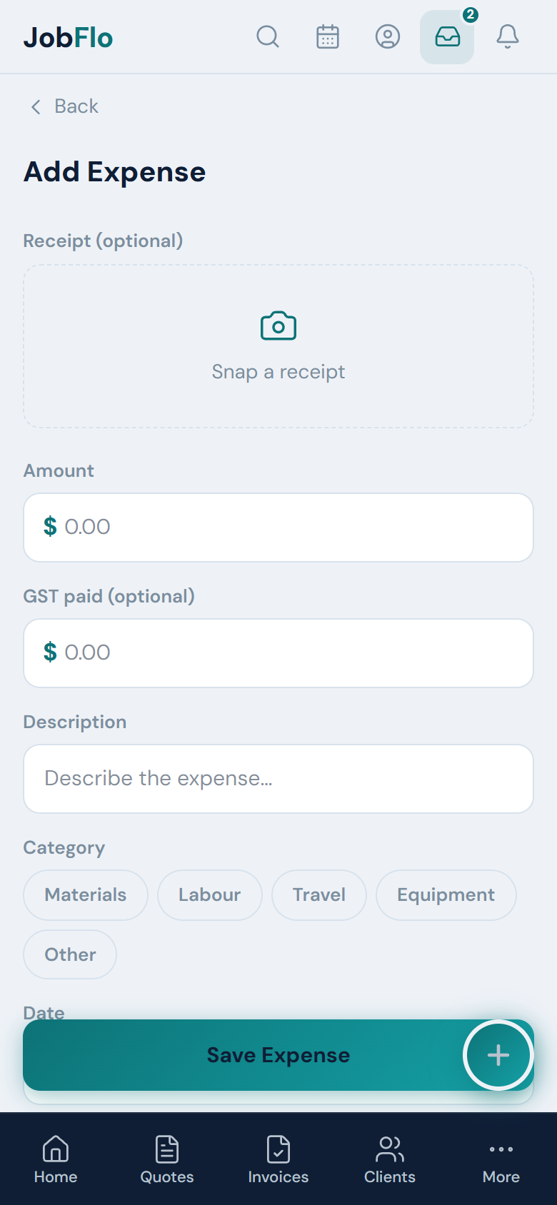 The Add Expense form showing the Amount, Description and Category fields
