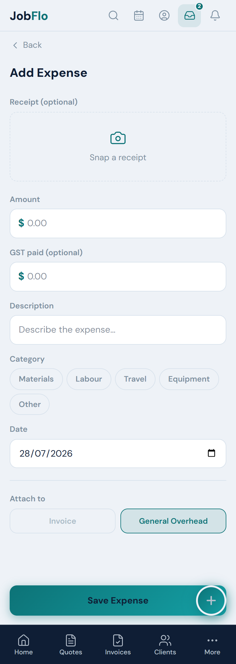 The Receipt area of the Add Expense form with the Snap a receipt camera button
