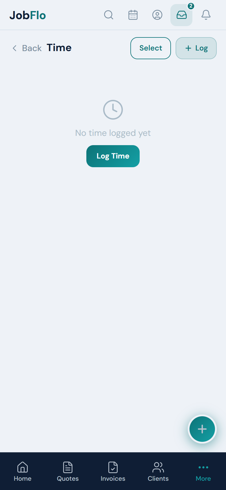The Log Time screen with the Start Timer and Manual Entry toggle and the live timer display