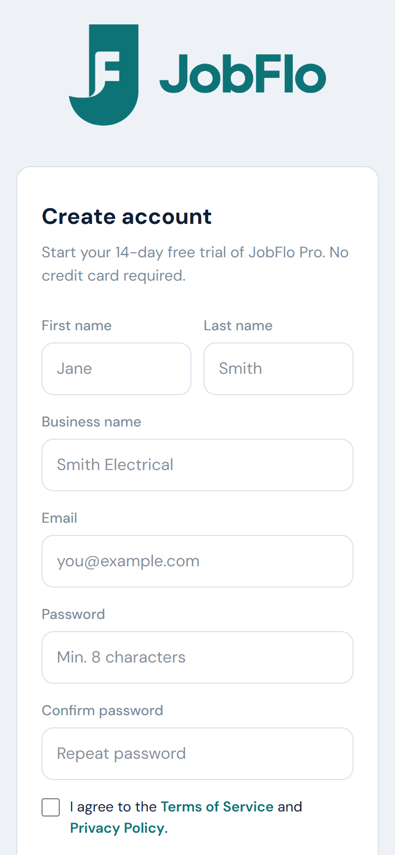 The JobFlo sign-up screen showing the name, business name, email and password fields with the Start free trial button and the Continue with Google button below.