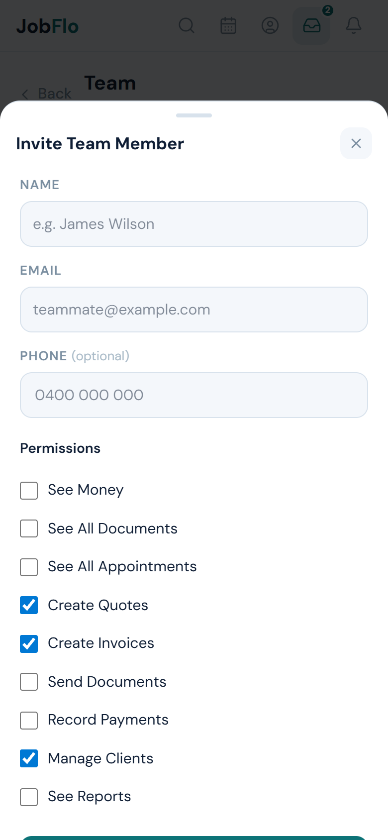 The permissions checklist — See Money, See Reports, Record Payments and the rest — shown when inviting or editing a team member